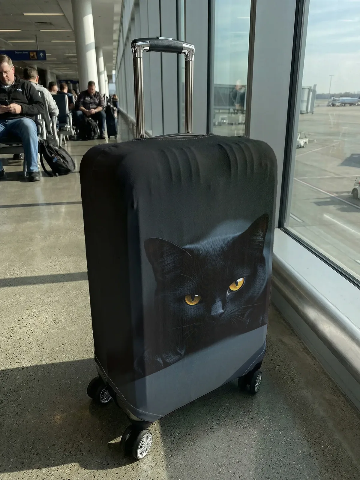 housse de protection pour bagages en forme de chat noir aux yeux jaunes, adaptée aux housses de bagages de 18 à 32 pouces, gants pour poignée de bagage, accessoire de voyage