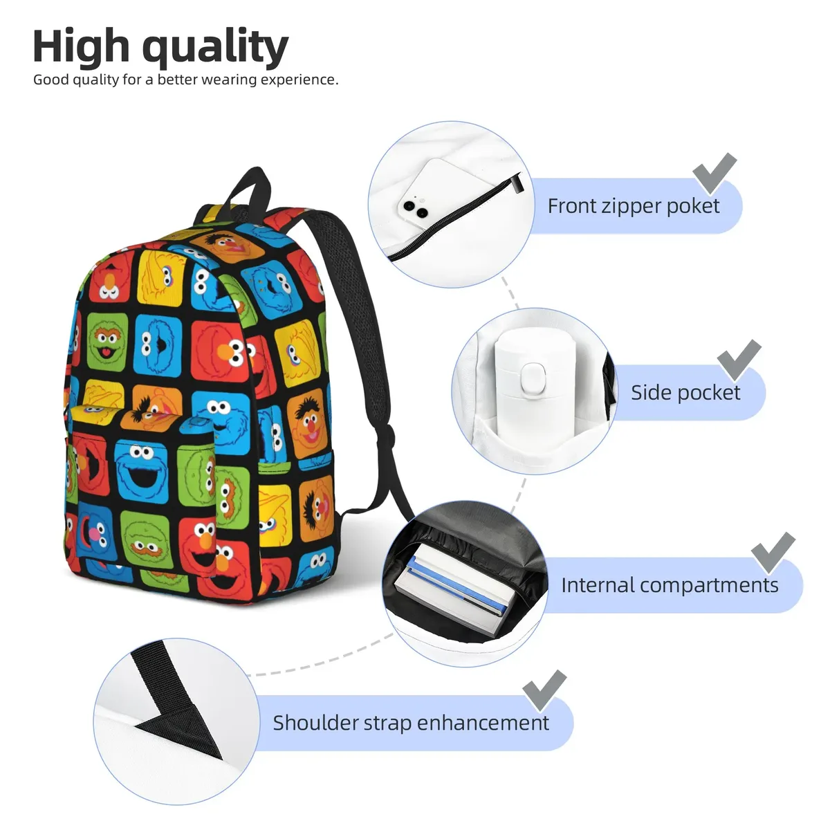 sac à dos décontracté sesames streets, durable, pour le lycée, la randonnée, les voyages, motif de faces cubiques, sac à dos de jour pour hommes et femmes, sacs en toile pour l'université