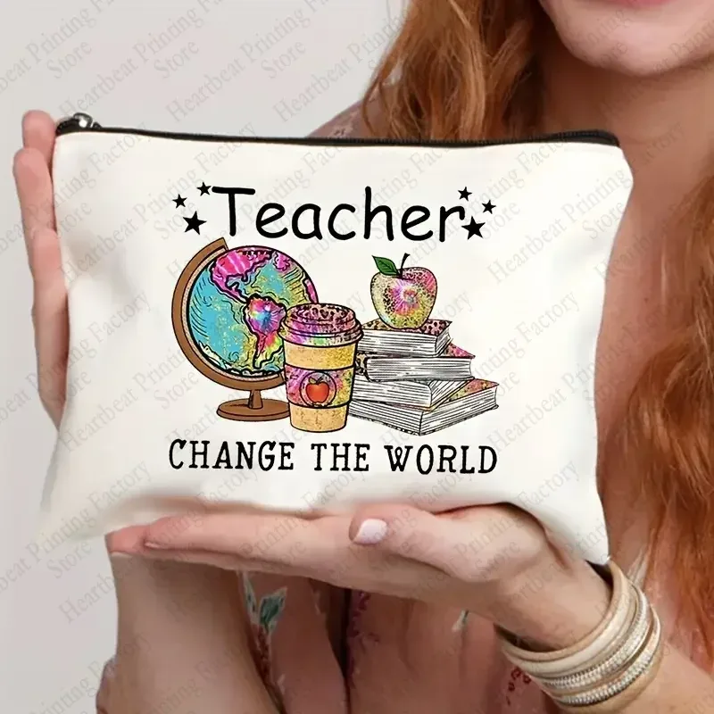 teacher change the world print sacs à cosmétiques trousse de toilette cadeau de remise des diplômes pour les enseignants trousse à crayons de retour à l'école pour enseignant