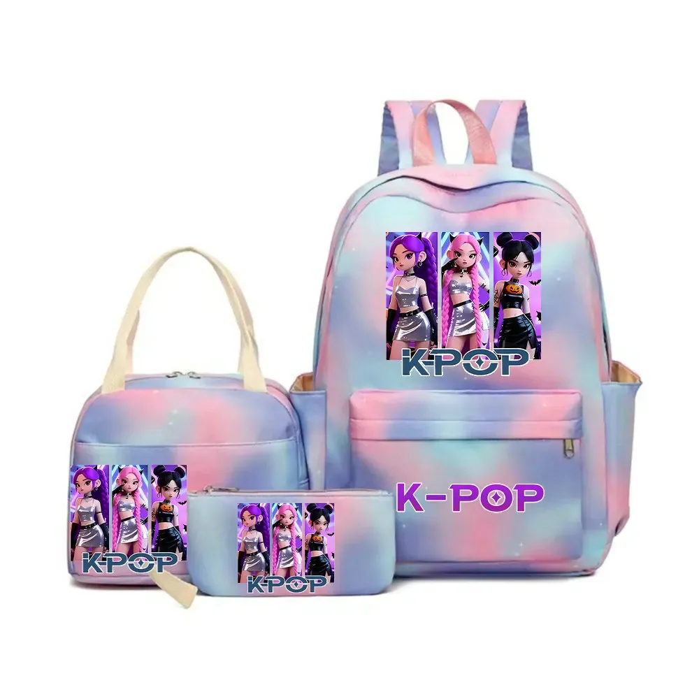 sac dos polyester motifs personnages kpop pompon ceinture coussin air bandes latérales poignée supérieure pliable extensible bleu rose violet voyage adolescents