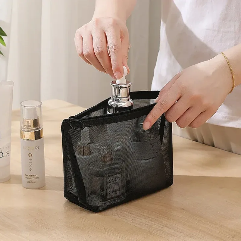 sac de maquillage en maille transparente, petit et grand, noir, sac de maquillage portable, sac de rangement pour toilette de voyage, sac de rangement pour rouge à lèvres