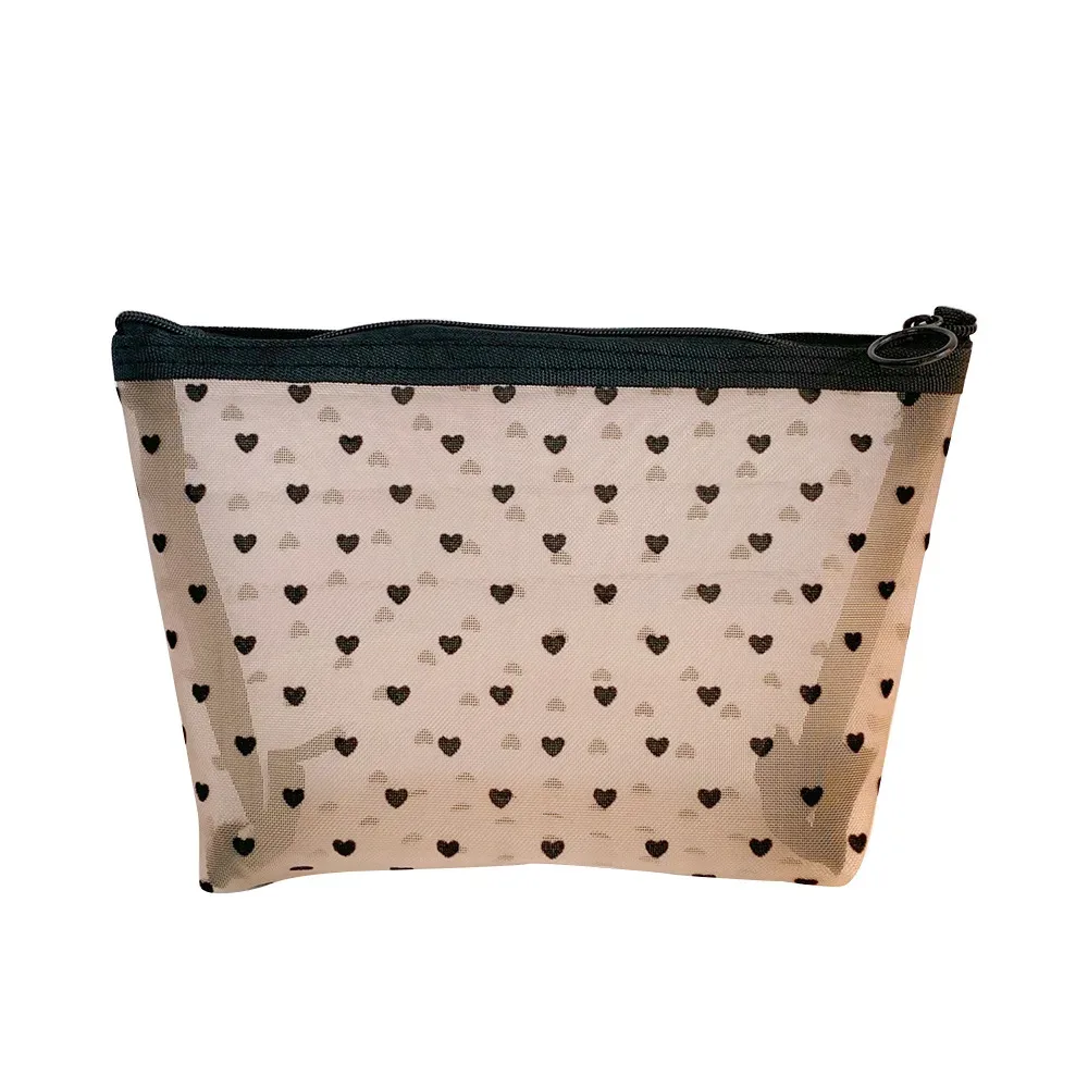 sac de maquillage en maille transparente en forme de cœur, pochette de rangement de cosmétiques portable multifonction pour femmes, sacs de rangement de rouge à lèvres de toilette pour dames