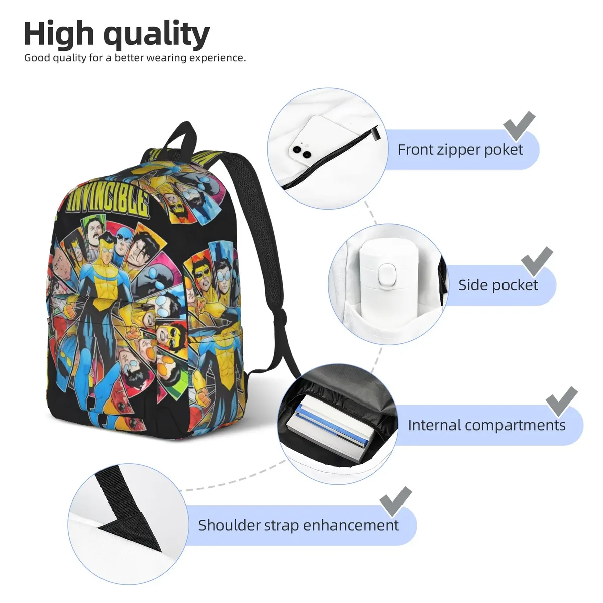 sac à dos invincibles comic fashion pour hommes et femmes, sac à bandoulière pour ordinateur portable, pour le sport, la randonnée, les voyages