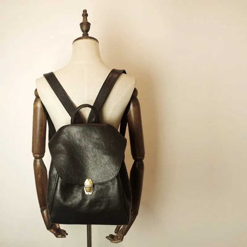 sac à bandoulière en cuir de vachette noir souple pour femme, sac à dos à moraillon, original, simple, rétro, école, dames, nouveau, 2024