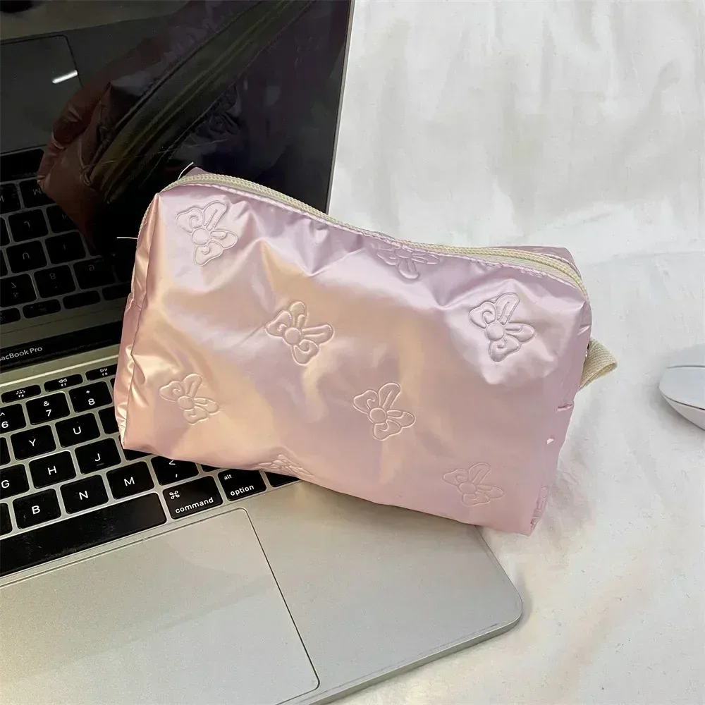 sac à cosmétiques matelassé coréen en pu avec nœud d'amour, pochette pour produits de soins de la peau, poche intérieure, sac de rangement multifonction pour maquillage et rouge à lèvres