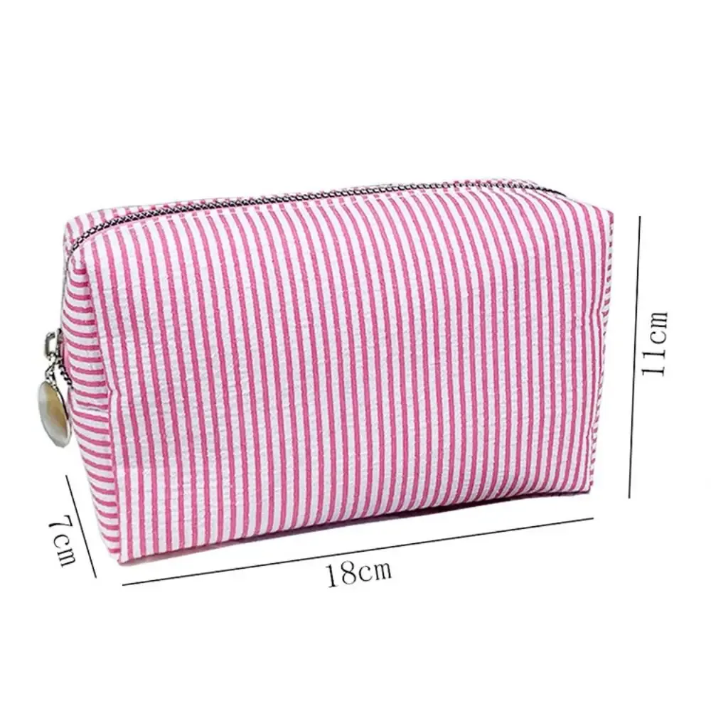 trousse de maquillage rayée en tissu seersucker doux, fermeture éclair, pochette cosmétique grande capacité, trousse à crayons multi-usages, usage quotidien