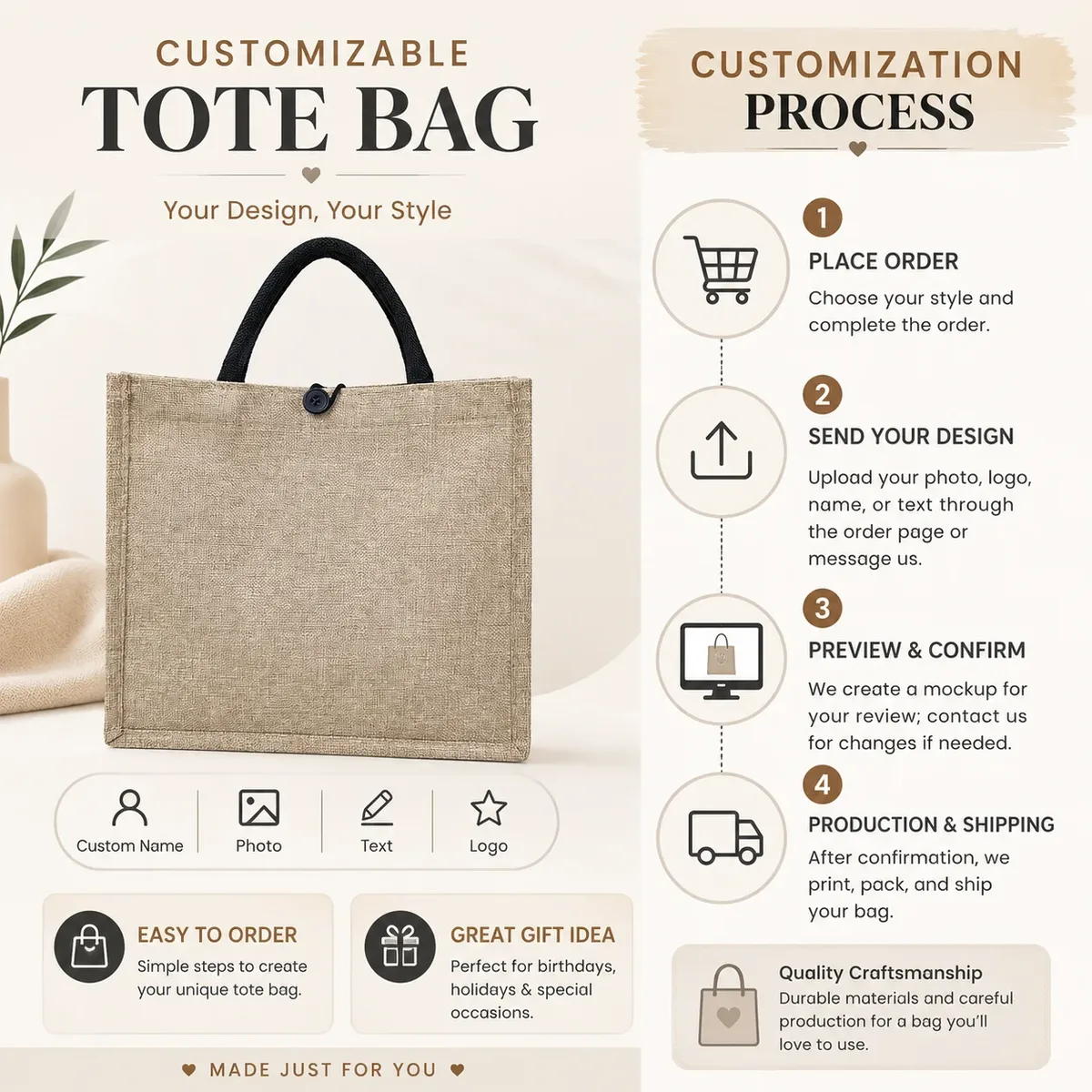polarshe sac fourre-tout en toile personnalisé sac à main texturé en lin sac cadeau personnalisé pour femmes, mariage, plage, travail, voyages, usage quotidien