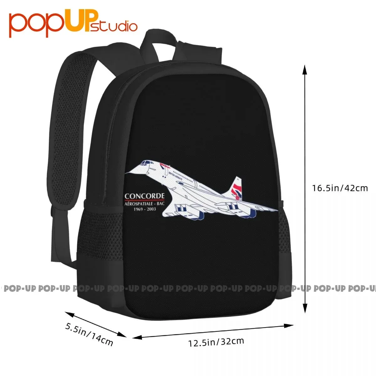 sac dos polyester armure toile 600d noir avion concorde bandes poignées latérales usage voyage universel décontracté