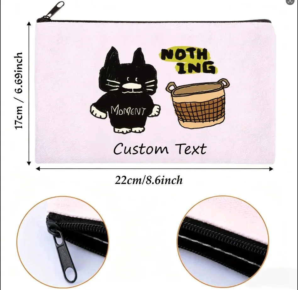 1 pièce, pochette de maquillage en toile avec motif de chat noir dessiné à la main et texte personnalisé "nothing moment", sac de rangement pour cosmétiques avec fermeture éclair.