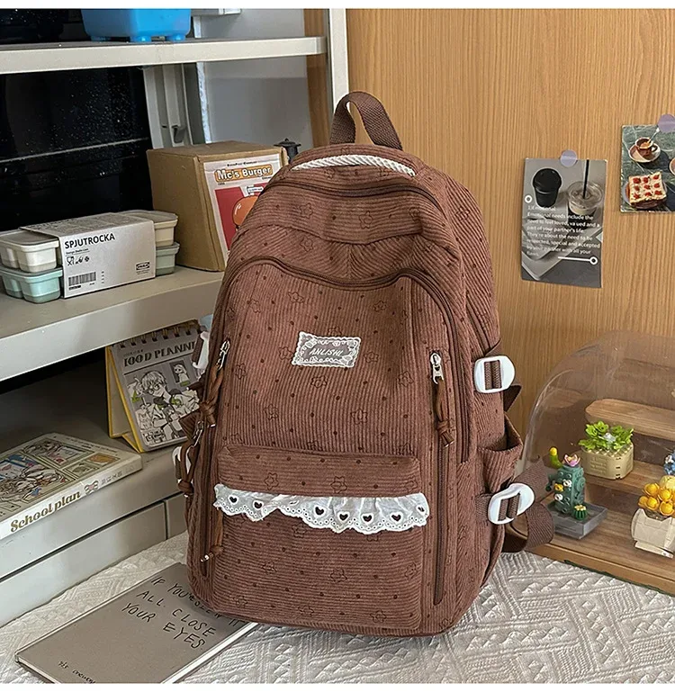 sac à dos d'hiver en velours côtelé, imprimé étoiles coréennes, avec dentelle, mignon, style mori girl, artistique, pour collégiennes
