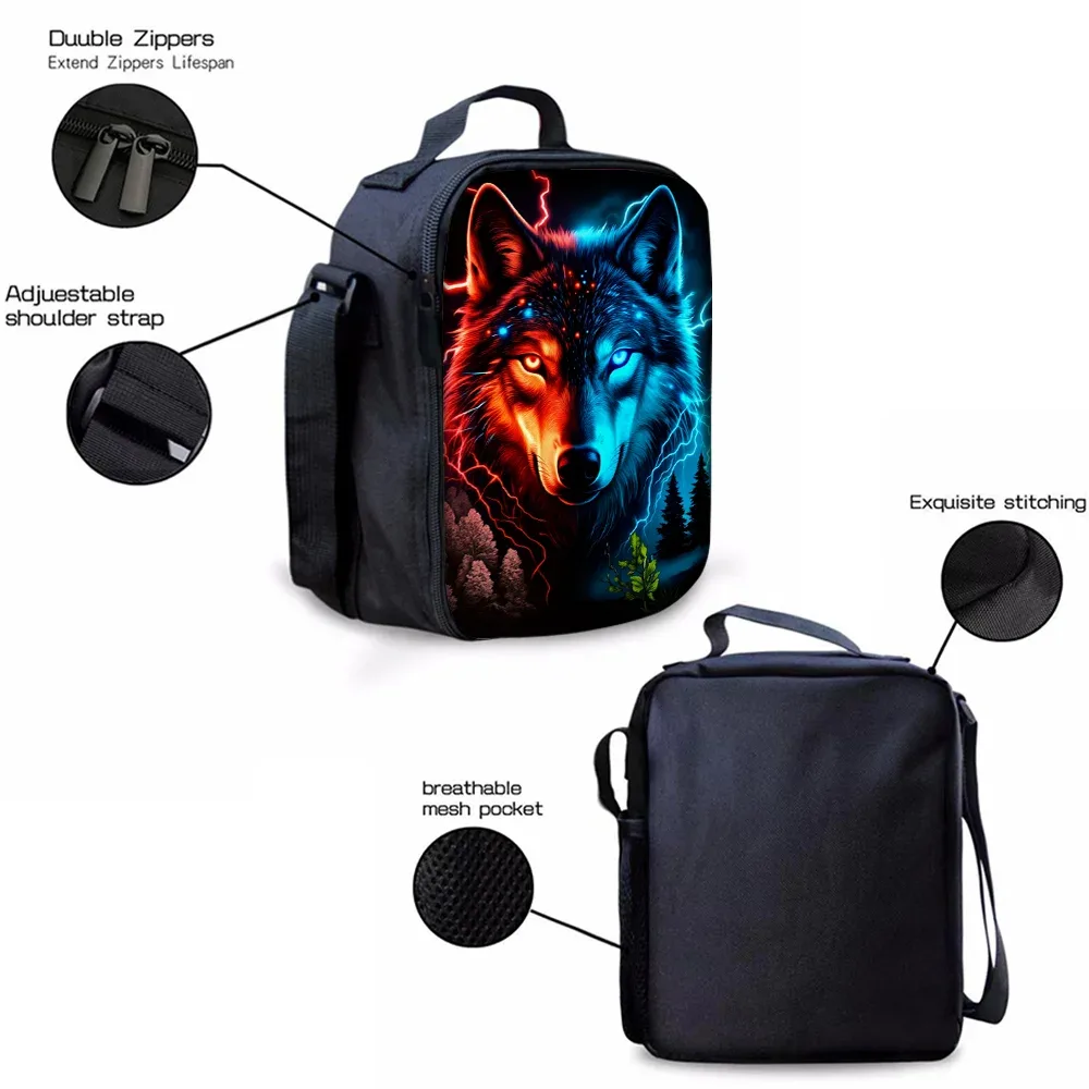 sac dos polyester loup yeux lumineux foudres forêt nocturne bleu rouge voyage décontracté jacquard
