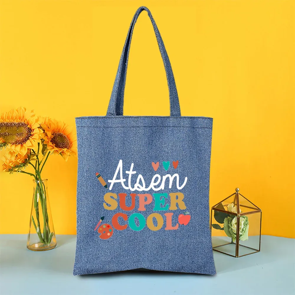 sac fourre-tout en jean imprimé super atsem maitresse, sacs de shopping pour femme, sacs de voyage, cadeau de remerciement pour la fête des enseignants et les diplômés