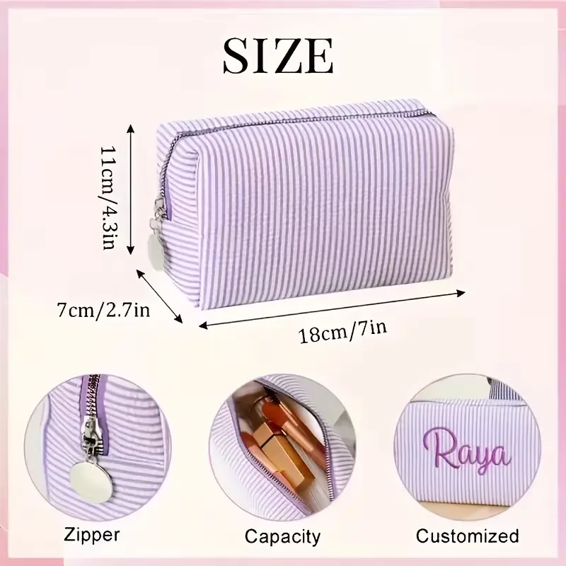 【nom personnalisé】trousse de toilette de voyage rayée, trousse à maquillage zippée - broderie de nom personnalisée, sac de rangement cosmétique portable en polyester, adapté pour les voyages, l'école, le dortoir ou la maison, un indispensable pour le dortoir |     design amusant |     fermeture éclair durable, trousse de toilette de voyage