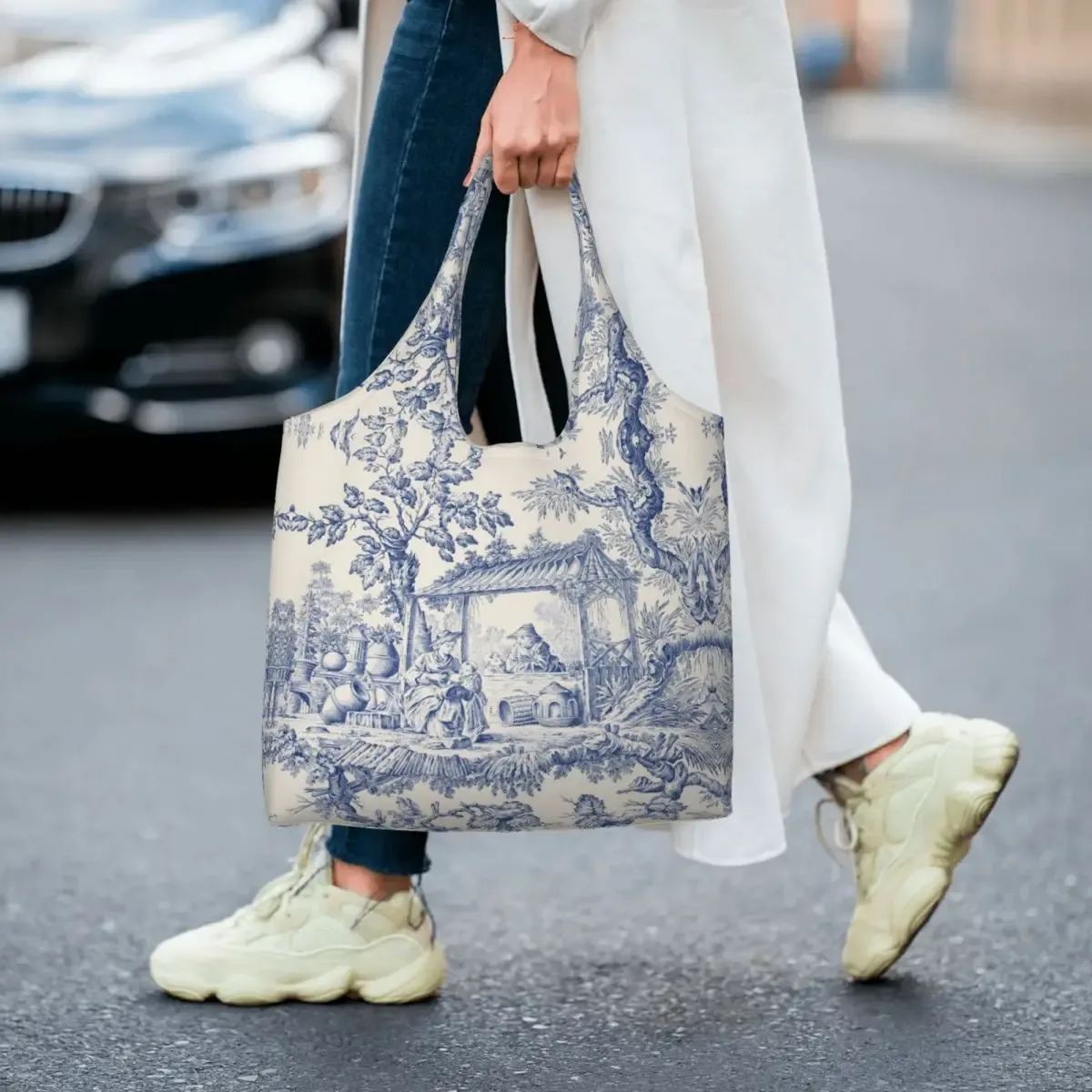 toile de jouy française classique vintage personnalisée, fourre-tout à motif bleu marine, fourre-tout de shopping en toile réutilisable, sac à bandoulière