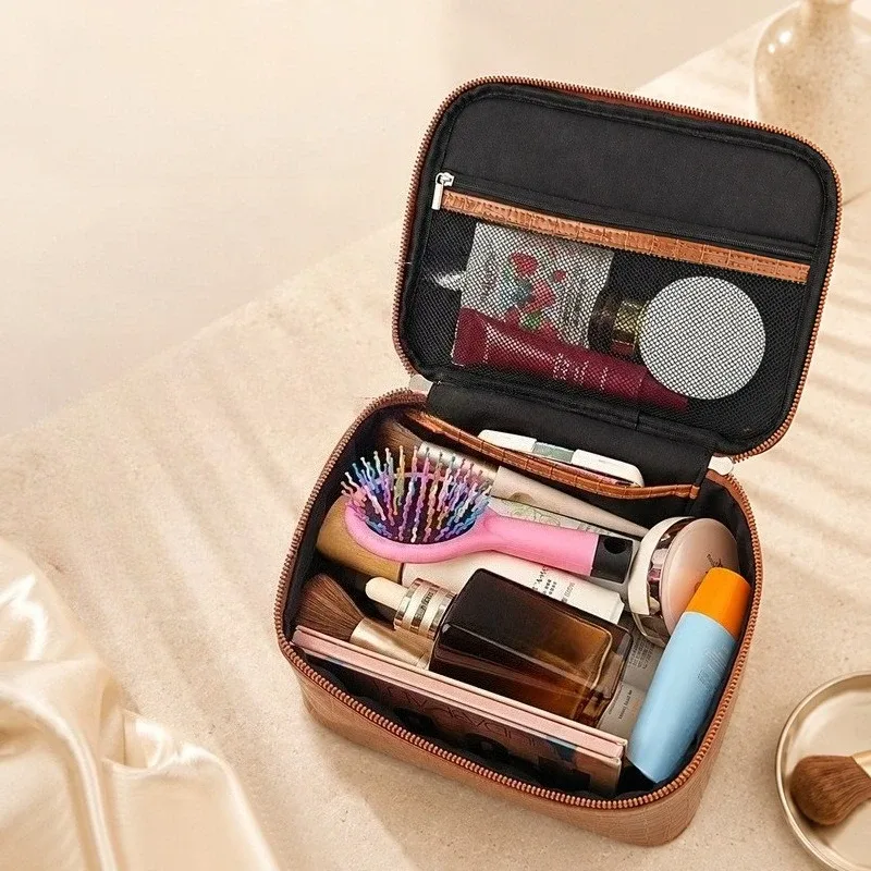 trousse de maquillage en cuir pu pour femme, grande capacité, boîte de voyage portable, organisateur de toilette à fermeture éclair, sac de rangement étanche
