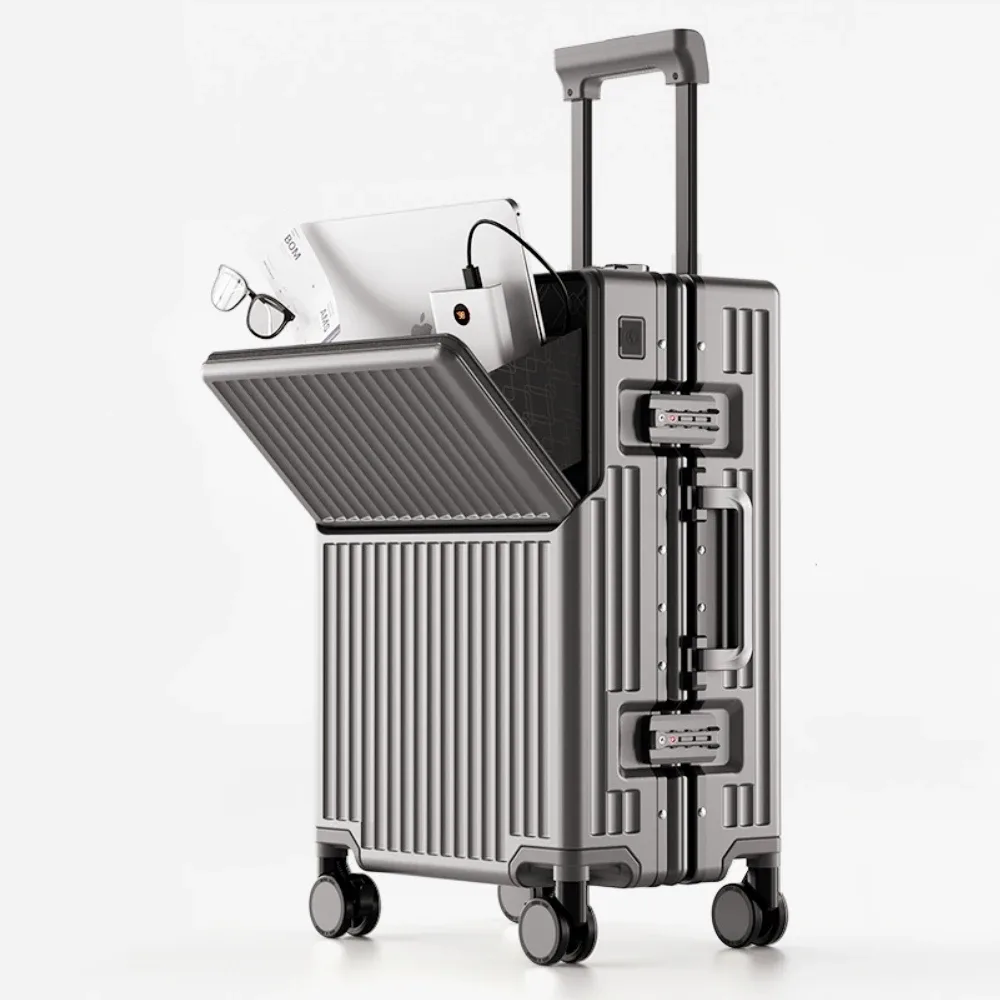 valise à ouverture frontale en matériau pc avec cadre en aluminium, serrure tsa, porte-gobelet, port de charge, bagage à roulettes de voyage 20/24/28/30 pouces
