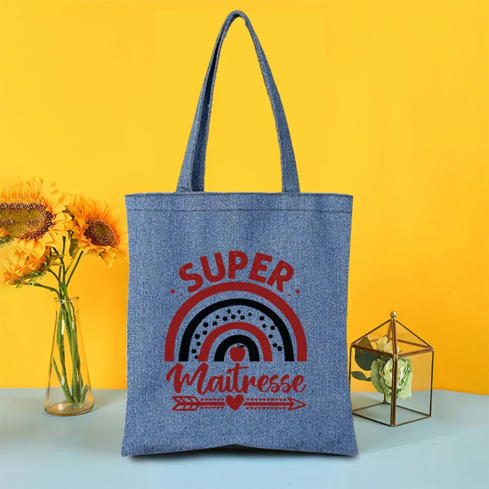 sac fourre-tout en jean imprimé super atsem maitresse, sacs de shopping pour femme, sacs de voyage, cadeau de remerciement pour la fête des enseignants et les diplômés