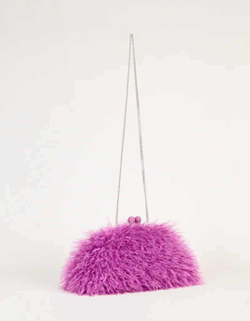 sac à main pochette en fausse fourrure kisslock pour femme, chaud et élégant pour l'hiver, avec fermoir à cadre et chaîne bandoulière, gris foncé, rouge, jaune