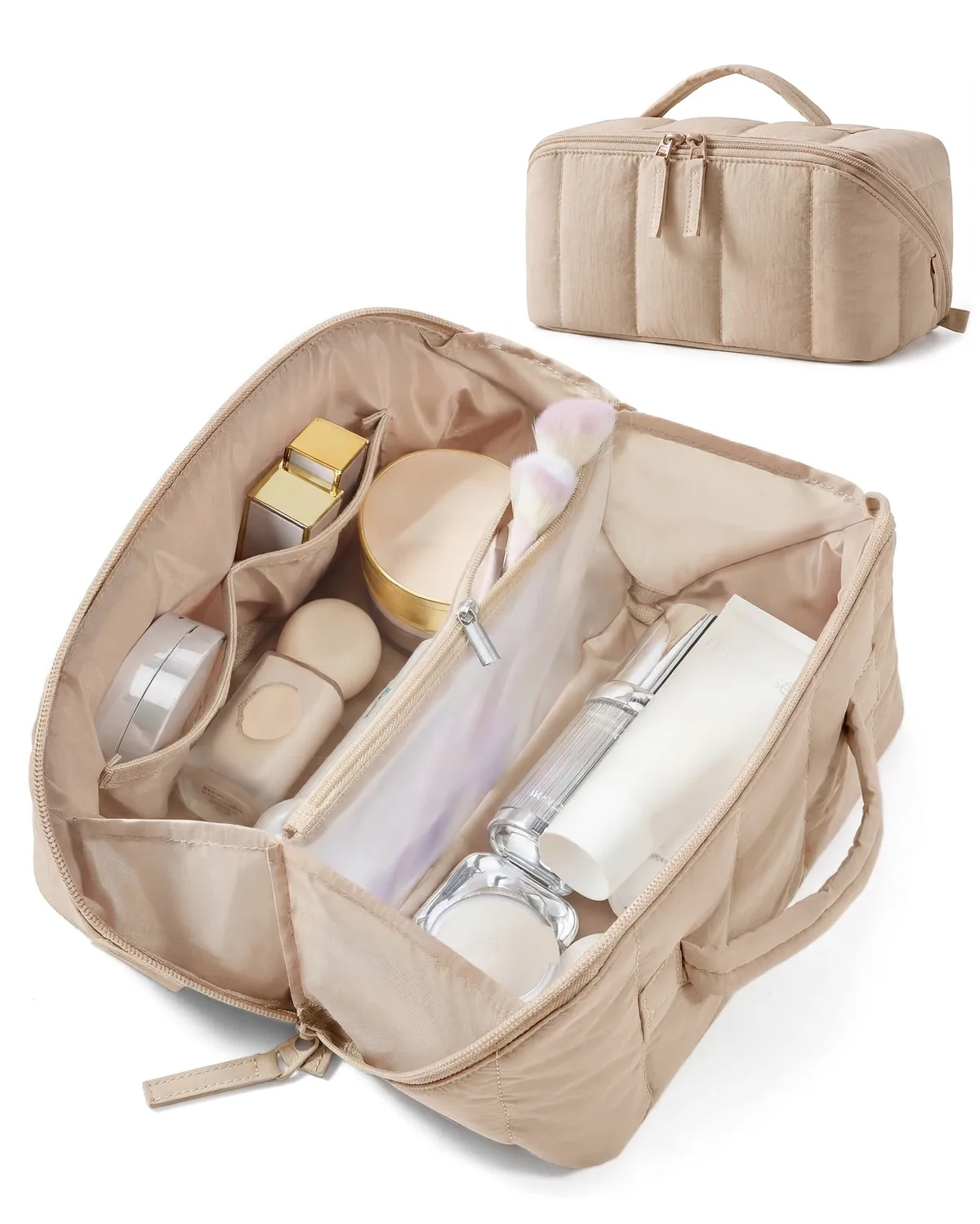bagsmart trousse de maquillage de voyage matelassée pour femme, ouverture plate, résistante à l'eau, marron, trousse de toilette portable, organiseur de maquillage rembourré