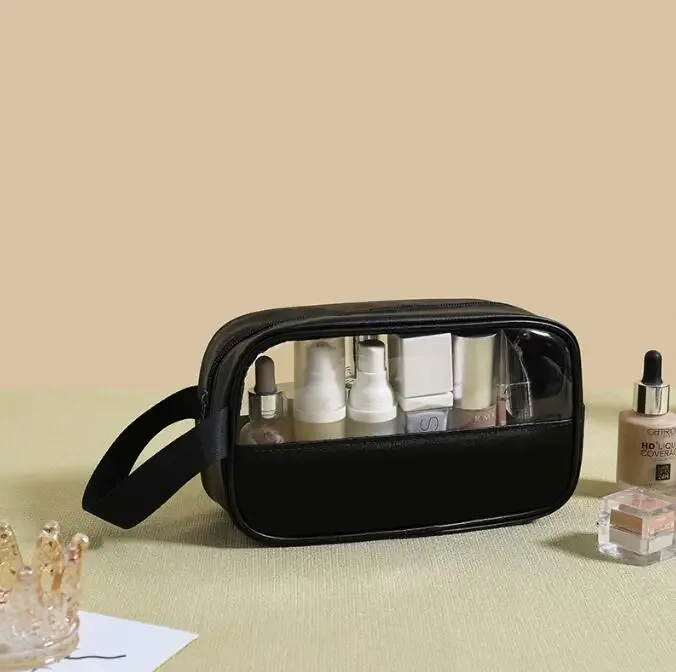 sac à cosmétiques personnalisé avec coutures brodées, sac de bain translucide en pvc de grande capacité, sac de rangement de voyage portable étanche en pu