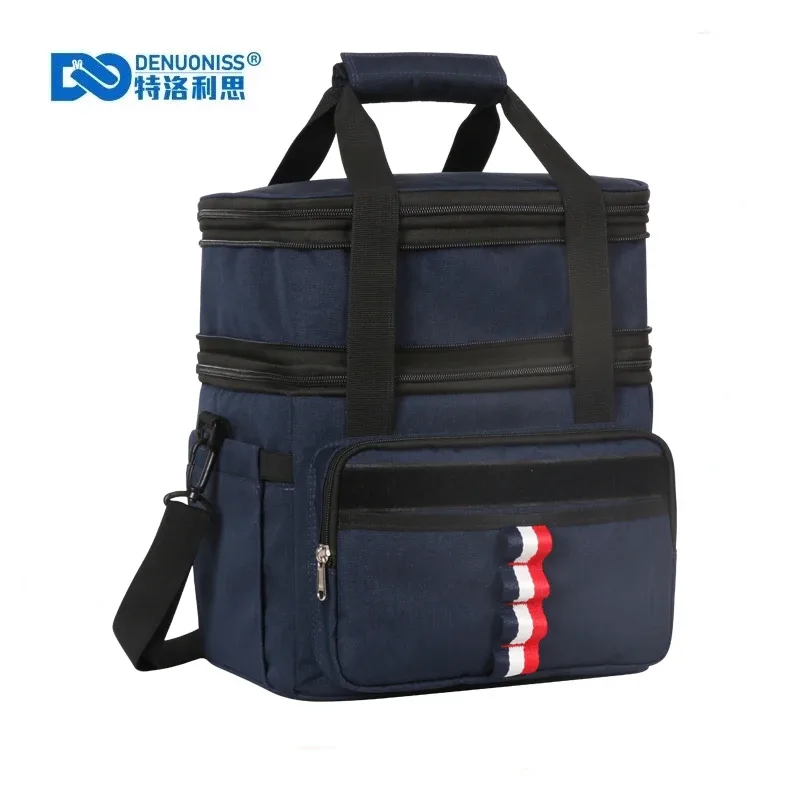sac dos isolement polyester bleu bandes noires blanches poignées sangle latérale compartiment intérieur gris conserver aliments frais voyage