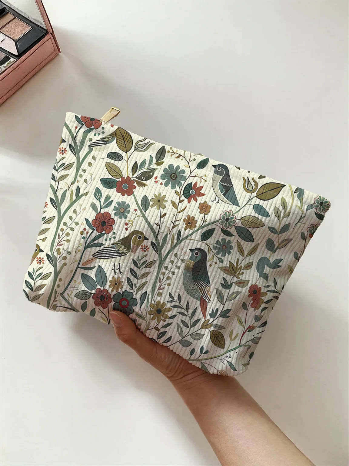 1 pièce, trousse de maquillage en velours côtelé avec motif d'oiseaux et de branches, légère et multifonctionnelle pour le rangement des cosmétiques.