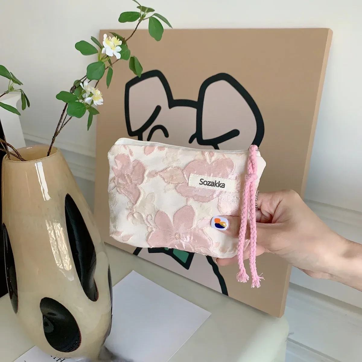 petite trousse de maquillage cosmétique pour femmes et filles, mini sacs à fleurs en coton, trousse de maquillage rouge à lèvres, sac à main pour enfants, trousse à poudres à monnaie