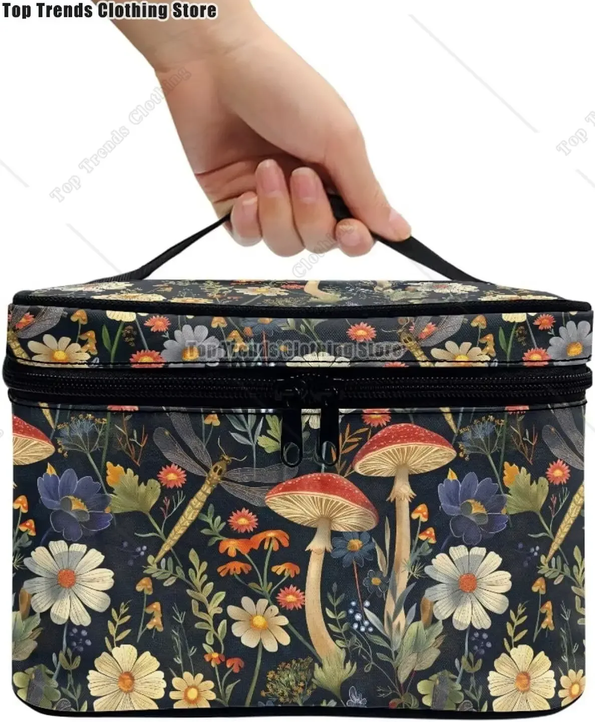 trousse polyester motif floral champignons poignée noire bleu jaune rouge vert voyage maquillage cosmétiques