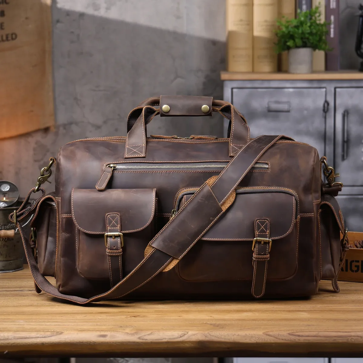 sac de voyage vintage s.worker en cuir de vachette pleine fleur, grande capacité, bagage à main, sac de week-end en cuir véritable