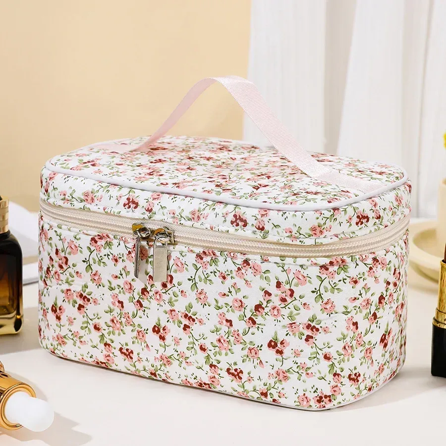 sacs de maquillage en coton pour femmes, trousse à cosmétiques vintage, fourre-tout de grande capacité, sac à main de rangement de cosmétiques portable, sac de rangement de voyage