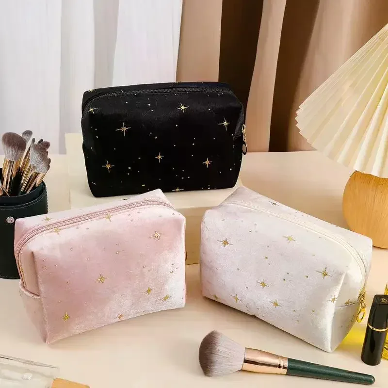 pochette à cosmétiques spacieuse en velours, sac de toilette de voyage avec motif étoile, trousse de maquillage portable pour rouge à lèvres