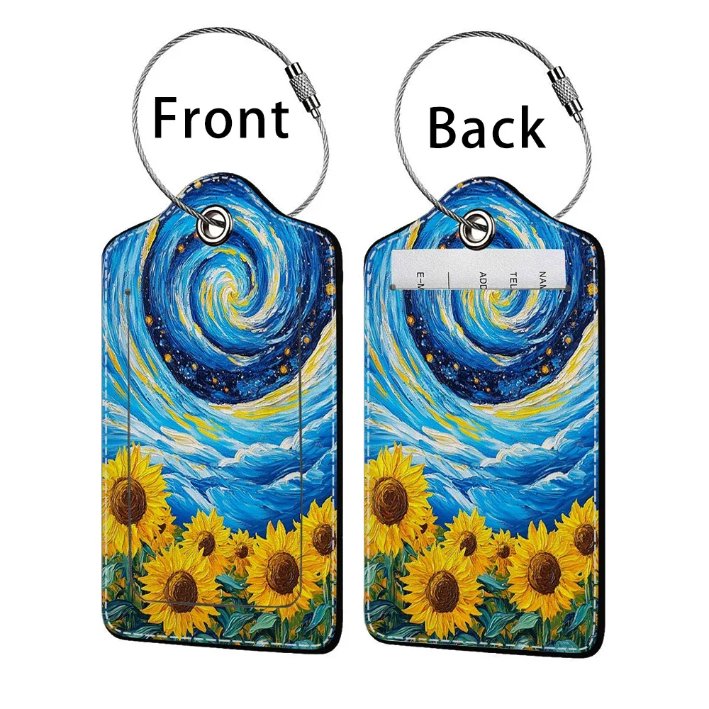 étiquette bagage polyuréthane motif tournesols bleu nuit jaune voyage identification personnelle plaques adresses double cartes bancaires