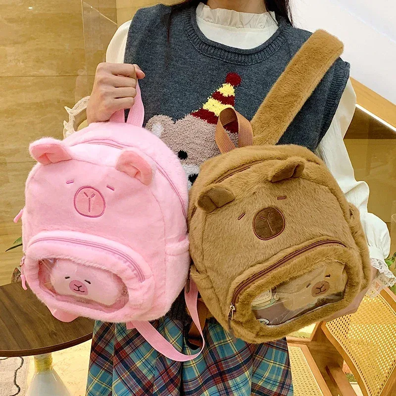 nouveau sac à bandoulière double en peluche capybara-mignon et polyvalent, sac à dos d'étudiant cochon d'inde de dessin animé mignon avec compartiment de rangement
