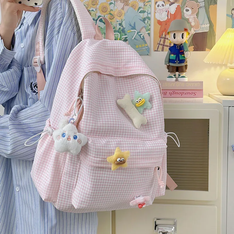 sac à dos pour femme style campus, motif écossais simple, grande capacité, décontracté, pour voyage, sac à double bandoulière en nylon, style frais et doux