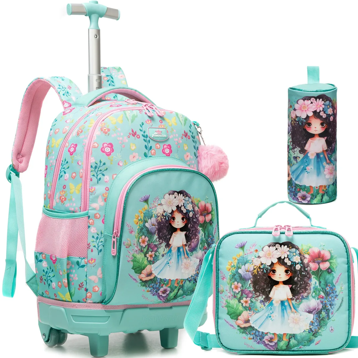 sac dos polyester bleu marine chat rose bicyclette fleurs multicolores grande capacité poche ordinateur portable roues fixes accessoires enfants voyage ecole