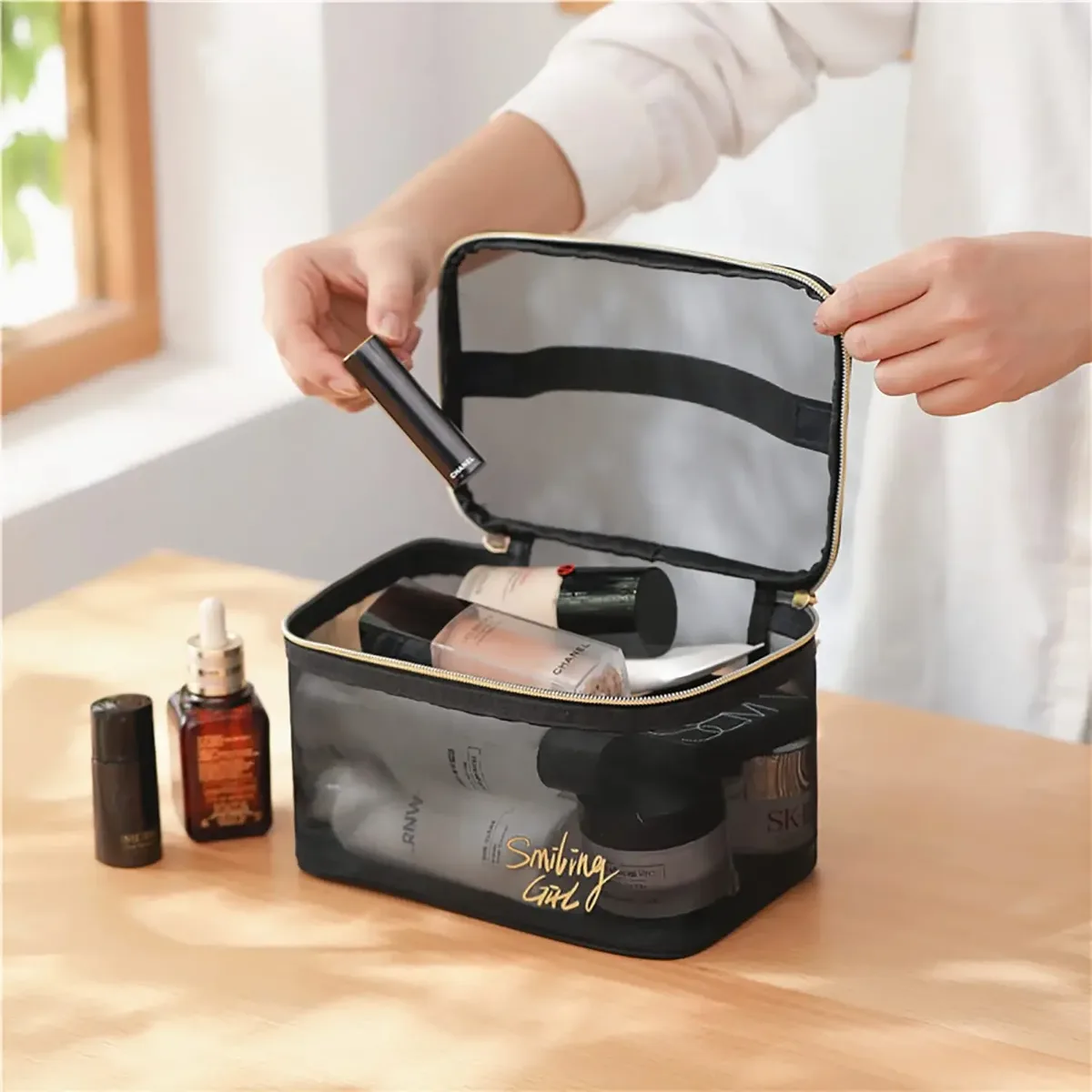 sac à cosmétiques de voyage pour femmes, grande capacité, étui de maquillage en maille noire, pochette de rangement, trousse de toilette décontractée à fermeture éclair, sacs de lavage de maquillage