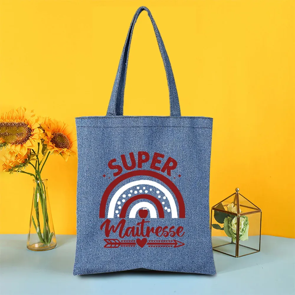 sac fourre-tout en jean imprimé super atsem maitresse, sacs de shopping pour femme, sacs de voyage, cadeau de remerciement pour la fête des enseignants et les diplômés