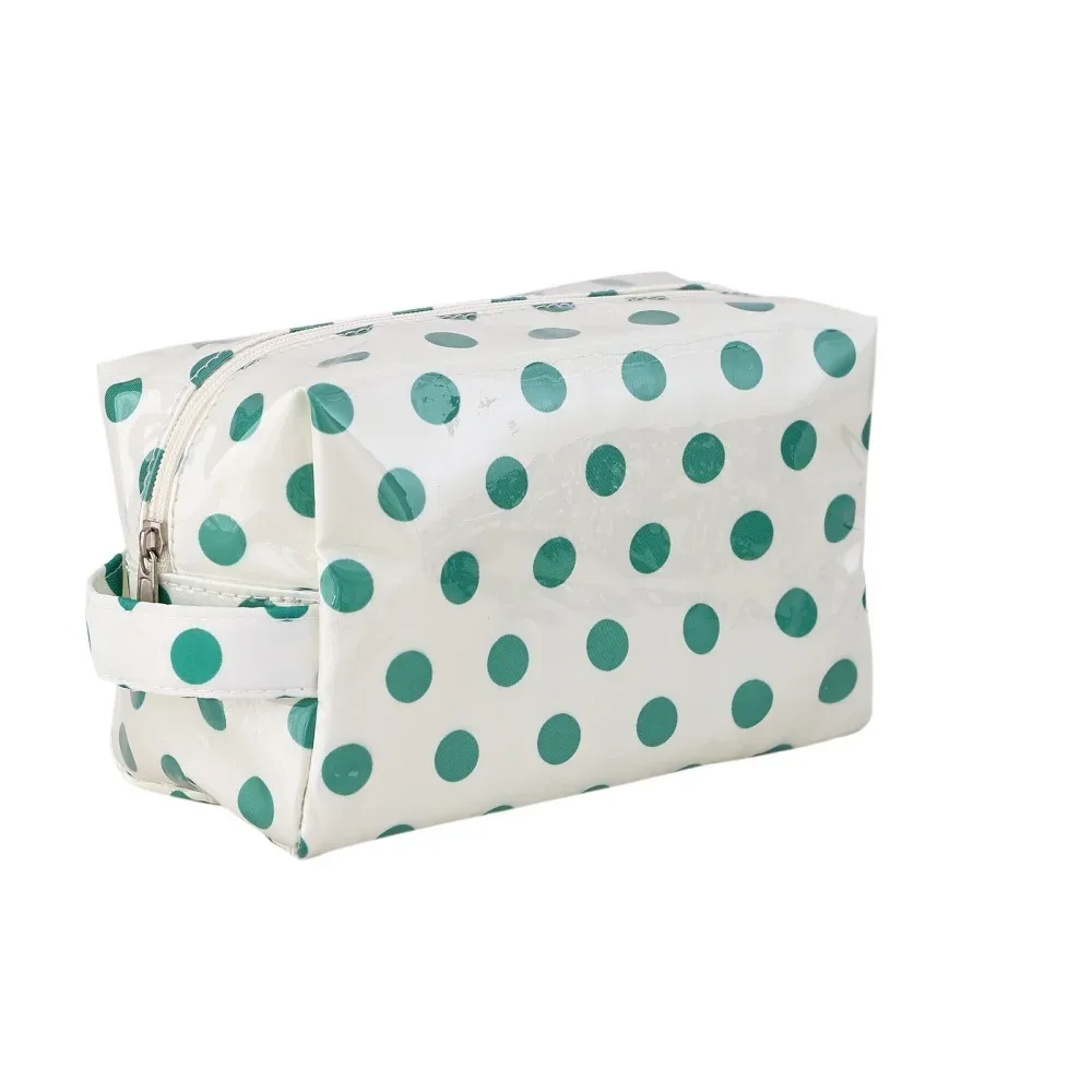 trousse cosmétique pvc imperméable pois bleus fond rose pâle compacte voyage maquillage toile oxford