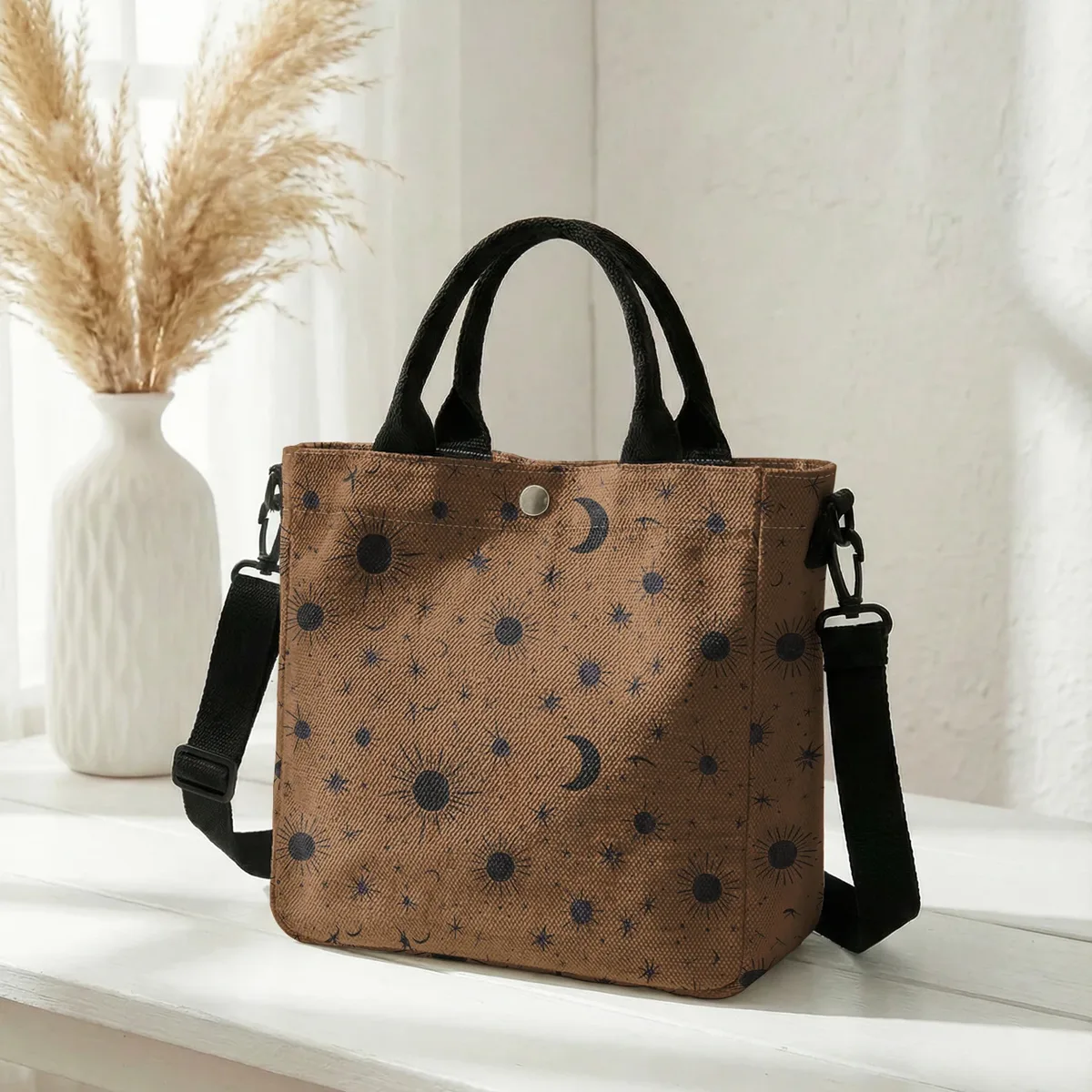 sac fourre-tout violet imprimé soleil, lune et étoiles, avec bandoulière amovible, sac à main pour femme, pour les courses quotidiennes