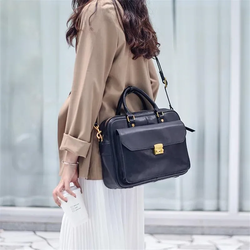 mode vintage haute qualité en cuir véritable femmes porte-documents concepteur de luxe véritable peau de vache bureau travail quotidien sac à main pour ordinateur portable