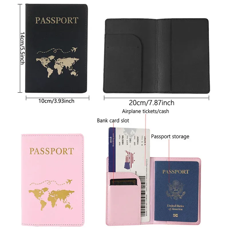 couverture de passeport en cuir pu pour hommes et femmes, étui de passeport de voyage avec carte du monde, organisateur-porte-carte de protection, couvertures de documents d'identité