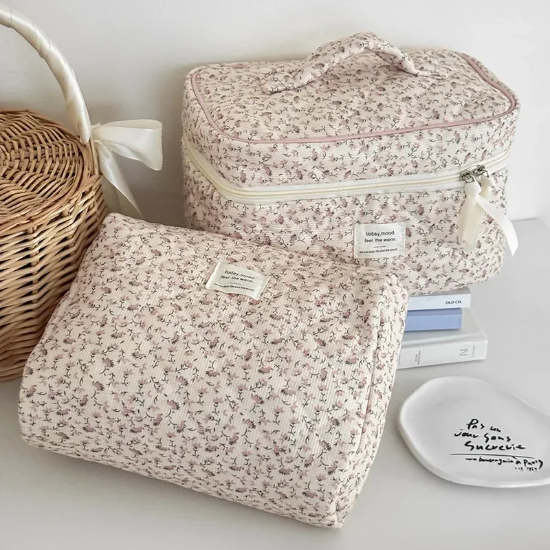 pochette à cosmétiques florale en velours côtelé, mignonne, rose, motif floral, trousse de maquillage portable, organiseur de beauté quotidien