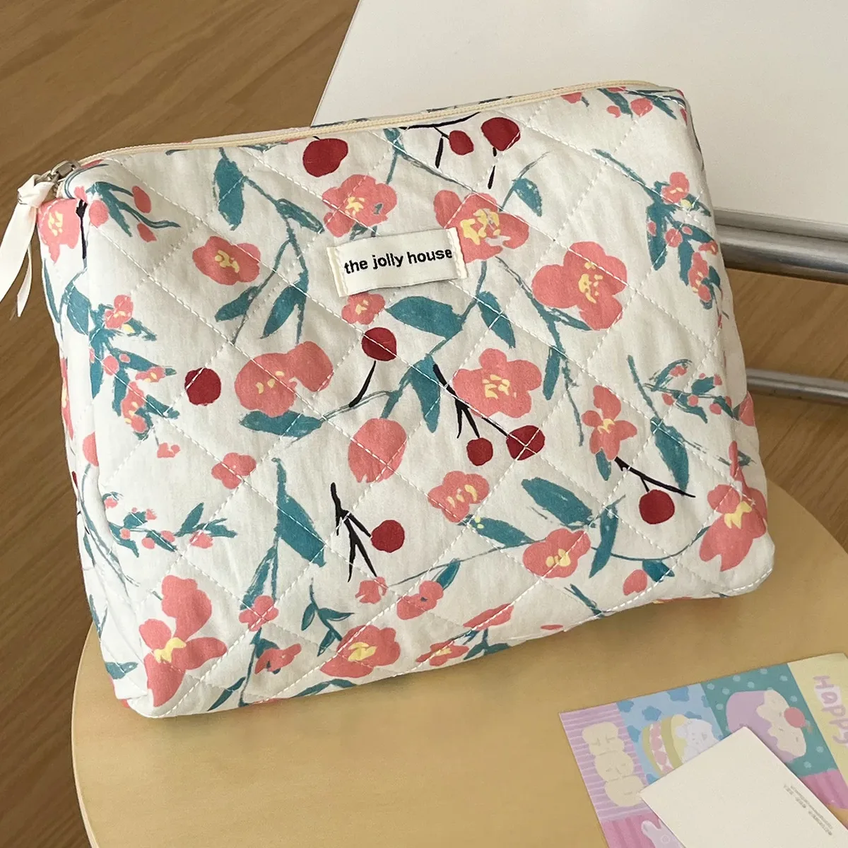 organisateur voyage polyester fleur rose feuille verte fruit rouge décoration floral sac rectangulaire fermeture glissière