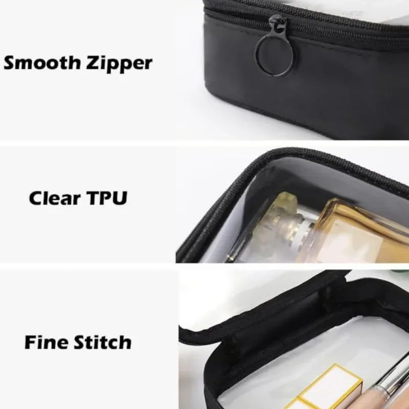 sac cosmétique étanche transparent tpu, petits articles de toilette de maquillage, fermeture éclair, ouverture, stockage, poudres, noir, sacs de lavage robustes