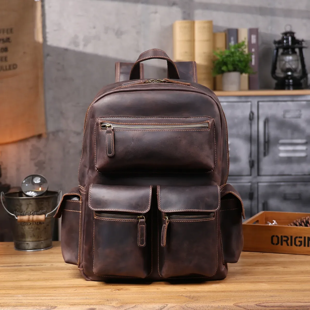 sac à dos pndme vintage fait main en cuir de vache crazy horse pour hommes et femmes, sac de voyage en cuir véritable de grande capacité pour l'école.