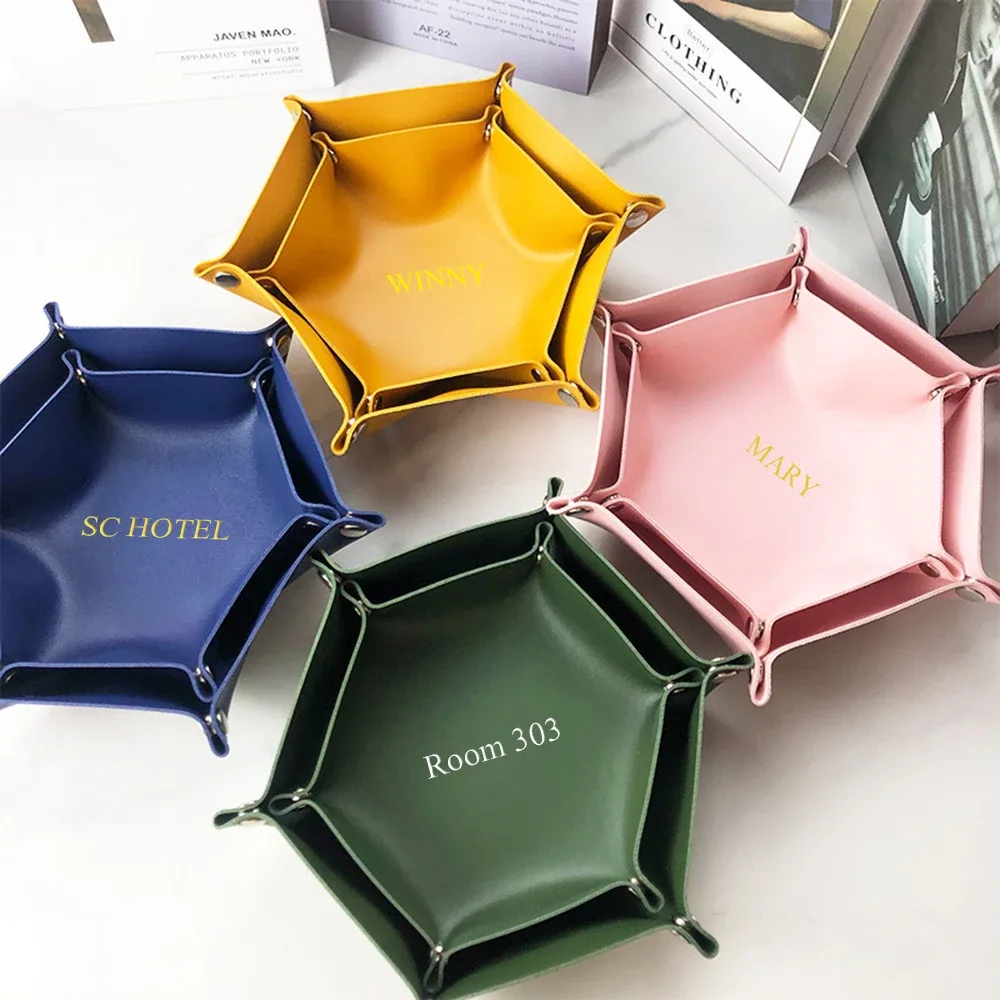 plateau de rangement en cuir pu pour hôtel, logo personnalisé, lettres, plateau à dés, clé hexagonale pour cosmétiques, boîte à bijoux, organisateur de bureau, décoration de la maison