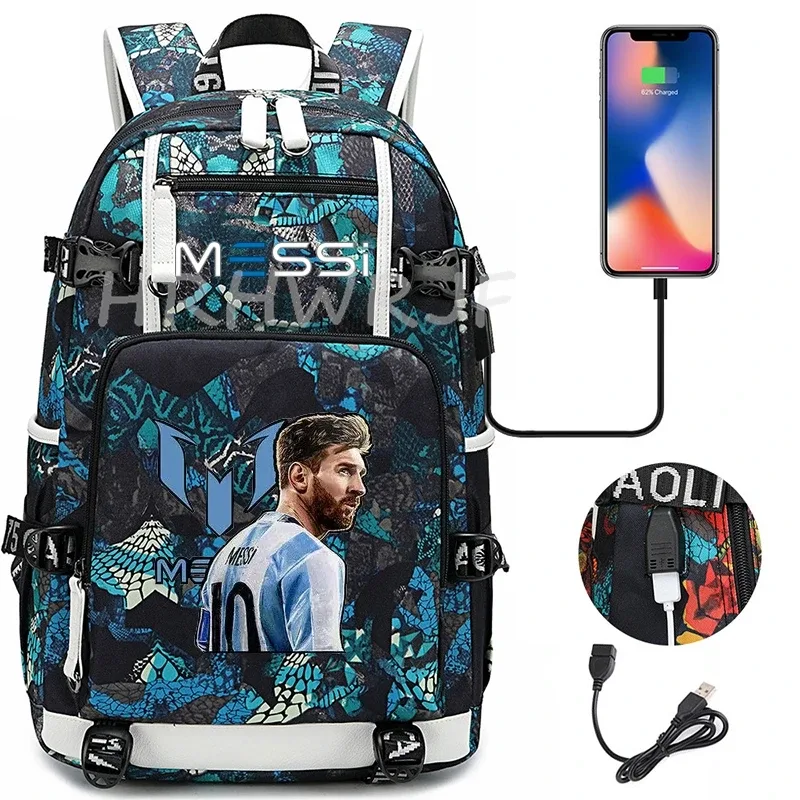 sac à dos de football messi, sac à dos pour ordinateur portable camouflage, capacité usb, sac à dos multifonctionnel, cartable, sacs de voyage pour la randonnée