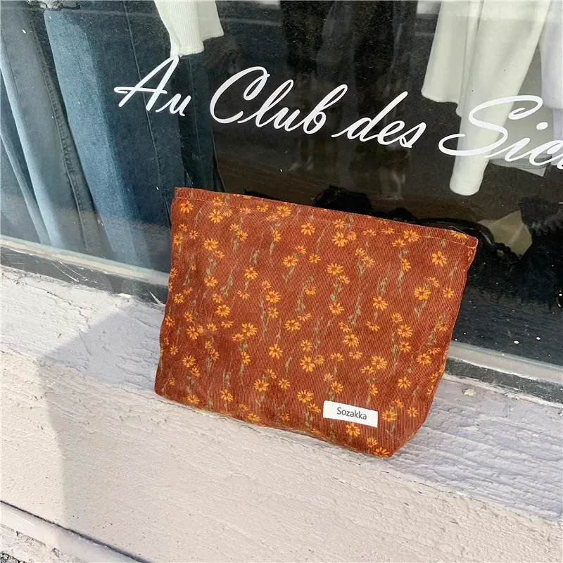 sacs de maquillage en velours côtelé pour femmes, sac à cosmétiques imprimé floral, trousse à crayons, trousse de toilette de voyage, sac de rangement, organisateur, trousse de beauté