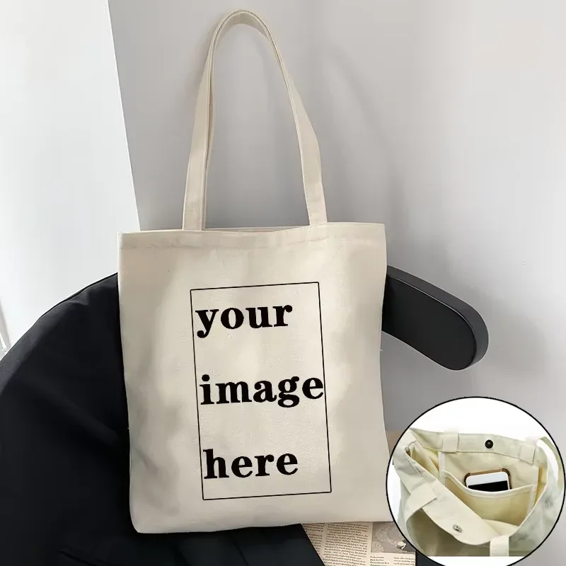 sac fourre-tout en toile de coton personnalisé, shopping vos images ici, design original, sacs de voyage blancs à la mode
