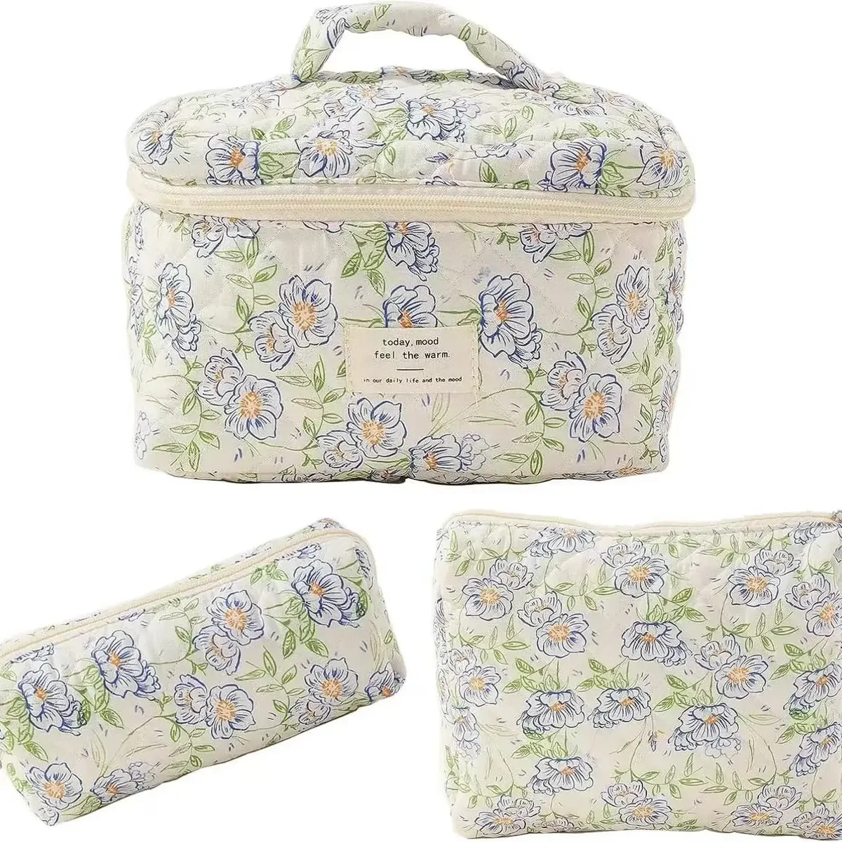 sac de maquillage en coton à fleurs mignonnes pour femmes, 1 pièce, organisateur de cosmétiques à fermeture éclair, sac à main en tissu en forme de boîte, trousse de toilette portable pour filles